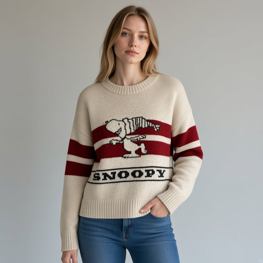 American Eagle x Peanuts Snoopy Winter Cropped Sweater Women's Sz S Cream Red